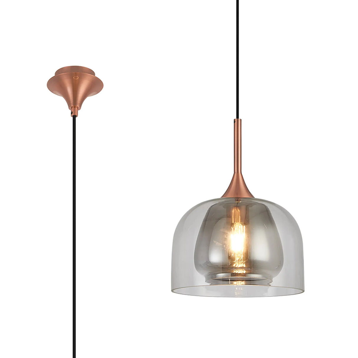 REID Single Pendant, 1 x E27, Double Glass Cloche & Jar, Satin Copper/Clear/Smoke Plated Glass
