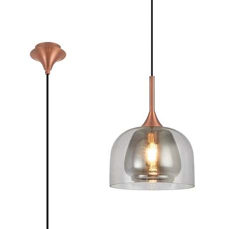 REID Single Pendant, 1 x E27, Double Glass Cloche & Jar, Satin Copper/Clear/Smoke Plated Glass