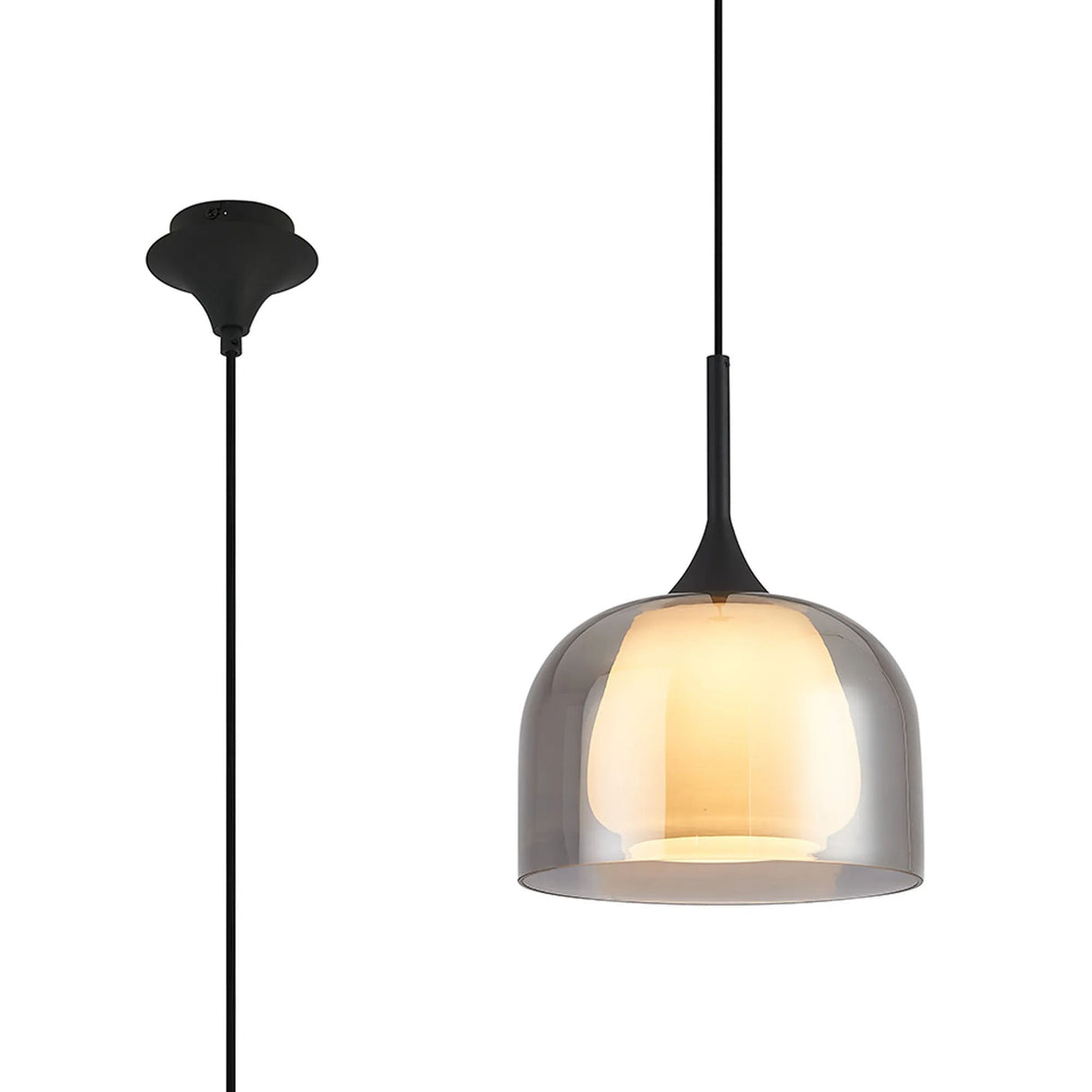 REID Single Pendant, 1 x E27, Double Glass Cloche & Jar, Satin Black/Smoke Plated/Opal Glass