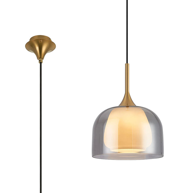REID Single Pendant, 1 x E27, Double Glass Cloche & Jar, Brass/Smoke Plated/Opal Glass