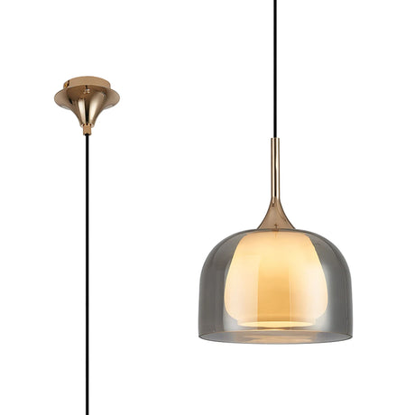 REID Single Pendant, 1 x E27, Double Glass Cloche & Jar, French Gold/Smoke Plated/Opal Glass