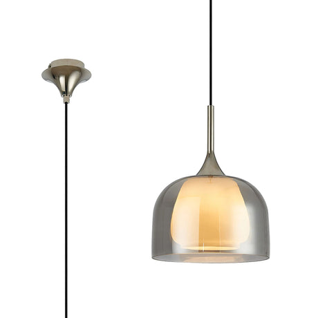 REID Single Pendant, 1 x E27, Double Glass Cloche & Jar, Polished Nickel/Smoke Plated/Opal Glass