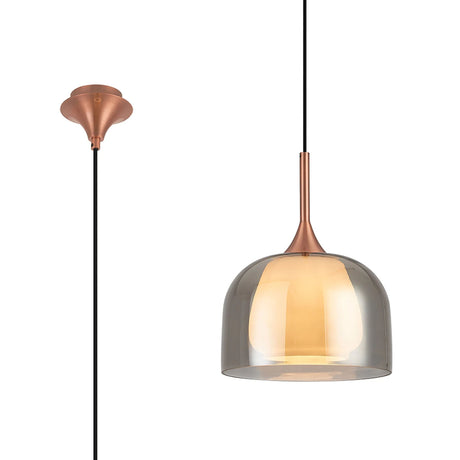 REID Single Pendant, 1 x E27, Double Glass Cloche & Jar, Satin Copper/Smoke Plated/Opal Glass
