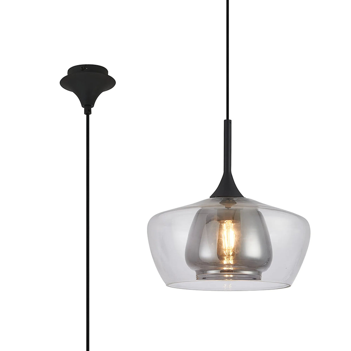 REID Single Pendant, 1 x E27, Double Glass Trapezium & Jar, Satin Black/Clear/Smoke Plated Glass
