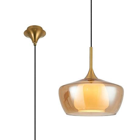 REID Single Pendant, 1 x E27, Double Glass Trapezium & Jar, Brass/Amber Plated/Opal Glass