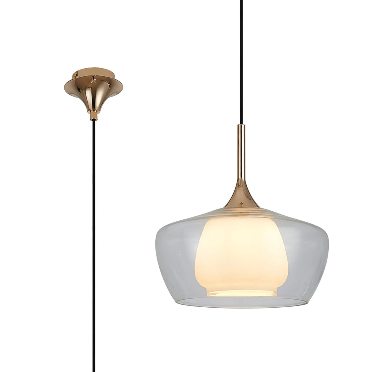 REID Single Pendant, 1 x E27, Double Glass Trapezium & Jar, French Gold/Clear/Opal Glass