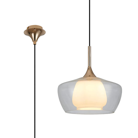 REID Single Pendant, 1 x E27, Double Glass Trapezium & Jar, French Gold/Clear/Opal Glass