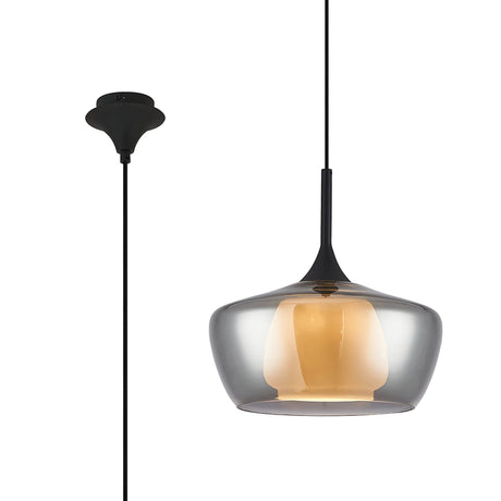 REID Single Pendant, 1 x E27, Double Glass Trapezium & Jar, Satin Black/Smoke Plated/Opal Glass