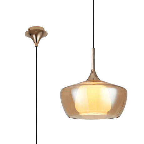 REID Single Pendant, 1 x E27, Double Glass Trapezium & Jar, French Gold/Amber Plated/Opal Glass
