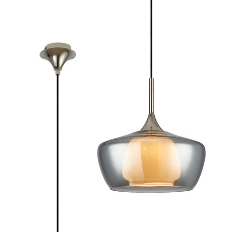 REID Single Pendant, 1 x E27, Double Glass Trapezium & Jar, Polished Nickel/Smoke Plated/Opal Glass