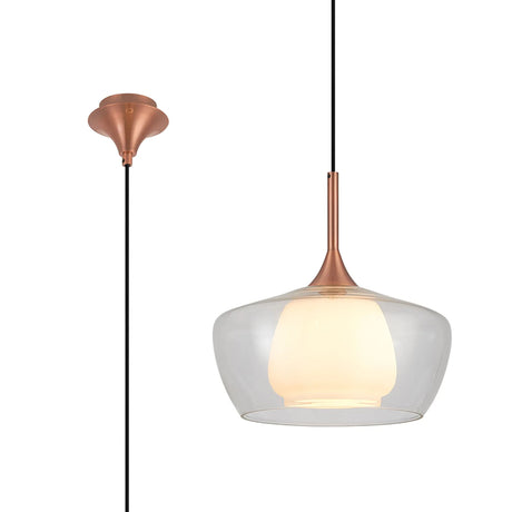 REID Single Pendant, 1 x E27, Double Glass Trapezium & Jar, Satin Copper/Clear/Opal Glass