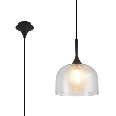 REID Single Pendant, 1 x E27, Double Glass Cloche & Round Crackled, Satin Black/Clear/Clear Glass