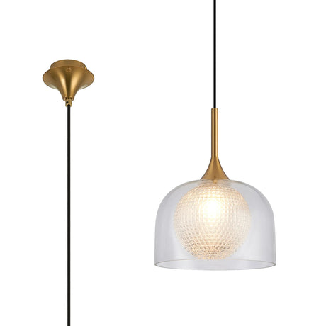 REID Single Pendant, 1 x E27, Double Glass Cloche & Round Textured Diamond Pattern, Brass/Clear/Clear Glass
