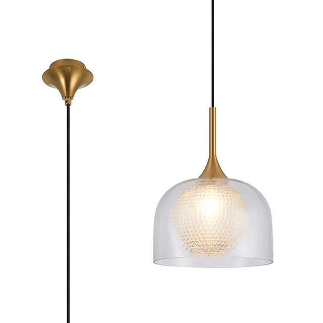 REID Single Pendant, 1 x E27, Double Glass Cloche & Round Textured Diamond Pattern, Brass/Clear/Clear Glass