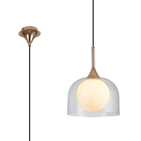 REID Single Pendant, 1 x E27, Double Glass Cloche & Round Plain, French Gold/Clear/Opal Glass