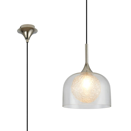 REID Single Pendant, 1 x E27, Double Glass Cloche & Round Textured Crumple, Polished Nickel/Clear/Clear Glass