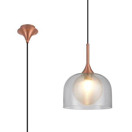 REID Single Pendant, 1 x E27, Double Glass Cloche & Round Segment, Satin Copper/Clear/Clear Glass