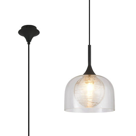 REID Single Pendant, 1 x E27, Double Glass Cloche & Round Textured Melting, Satin Black/Clear/Clear Glass