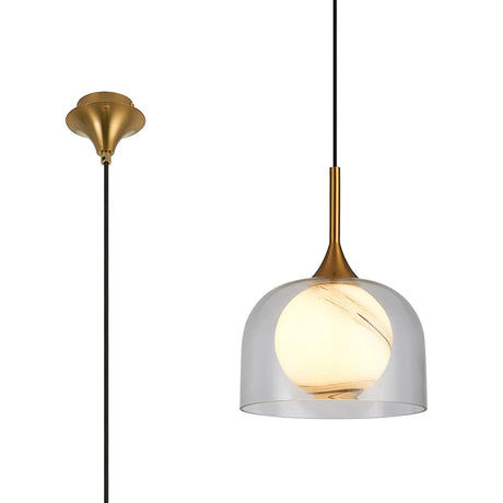 REID Single Pendant, 1 x E27, Double Glass Cloche & Round Ribbed, Brass/Clear/White Glass