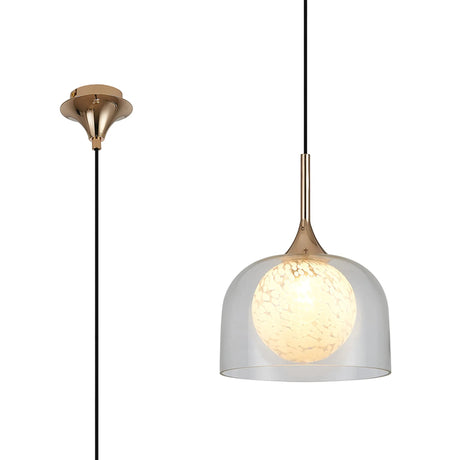 REID Single Pendant, 1 x E27, Double Glass Cloche & Round Speckled, French Gold/Clear/White Glass