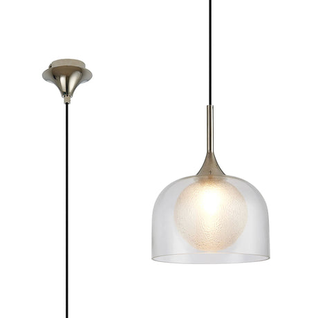 REID Single Pendant, 1 x E27, Double Glass Cloche & Round Dimpled, Polished Nickel/Clear/Clear Glass