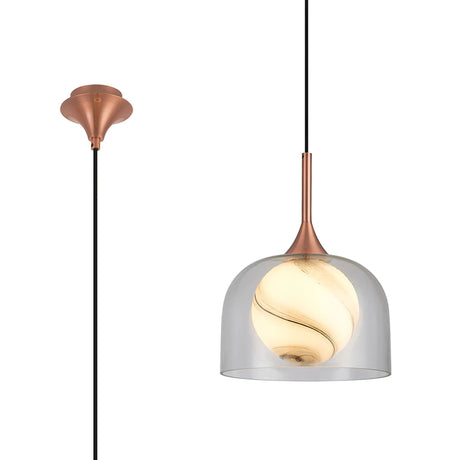 REID Single Pendant, 1 x E27, Double Glass Cloche & Round Ribbed, Satin Copper/Clear/White Glass