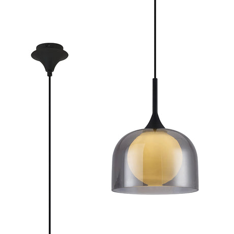 REID Single Pendant, 1 x E27, Double Glass Cloche & Round Plain, Satin Black/Smoke Plated/Opal Glass
