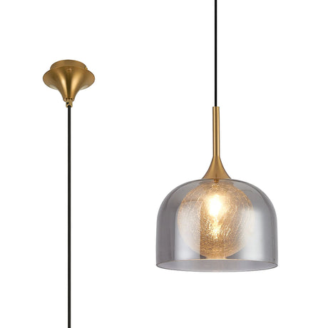 REID Single Pendant, 1 x E27, Double Glass Cloche & Round Crackled, Brass/Smoke Plated/Clear Glass
