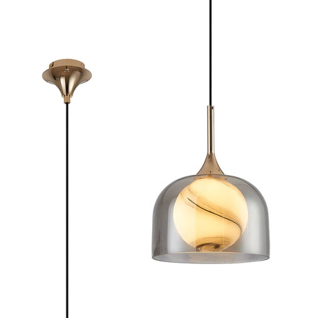 REID Single Pendant, 1 x E27, Double Glass Cloche & Round Ribbed, French Gold/Smoke Plated/White Glass