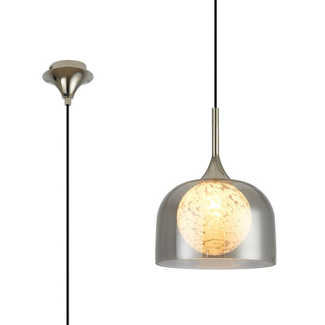 REID Single Pendant, 1 x E27, Double Glass Cloche & Round Speckled, Polished Nickel/Smoke Plated/White Glass