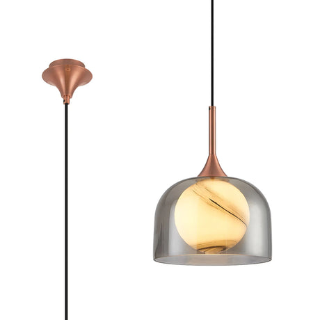 REID Single Pendant, 1 x E27, Double Glass Cloche & Round Ribbed, Satin Copper/Smoke Plated/White Glass
