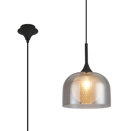 REID Single Pendant, 1 x E27, Double Glass Cloche & Round Textured Diamond Pattern, Satin Black/Smoke Plated/Clear Glass