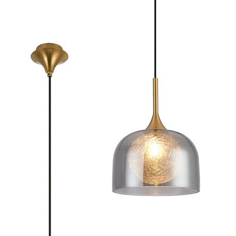 REID Single Pendant, 1 x E27, Double Glass Cloche & Round Textured Crumple, Brass/Smoke Plated/Clear Glass