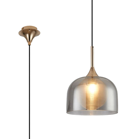 REID Single Pendant, 1 x E27, Double Glass Cloche & Round Segment, French Gold/Smoke Plated/Clear Glass