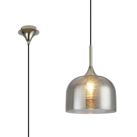 REID Single Pendant, 1 x E27, Double Glass Cloche & Round Textured Melting, Polished Nickel/Smoke Plated/Clear Glass