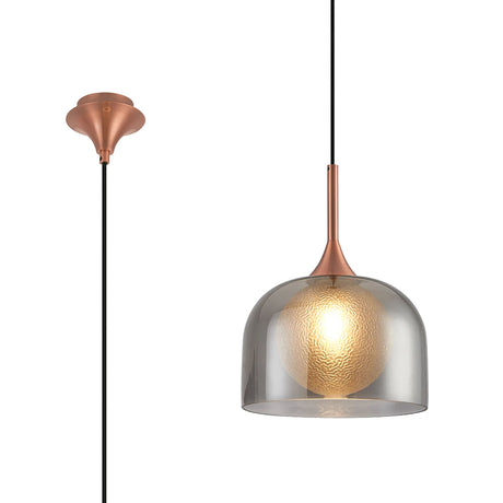 REID Single Pendant, 1 x E27, Double Glass Cloche & Round Dimpled, Satin Copper/Smoke Plated/Clear Glass