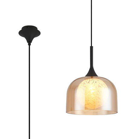 REID Single Pendant, 1 x E27, Double Glass Cloche & Round Speckled, Satin Black/Amber Plated/White Glass