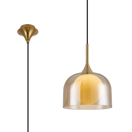 REID Single Pendant, 1 x E27, Double Glass Cloche & Round Plain, Brass/Amber Plated/Opal Glass