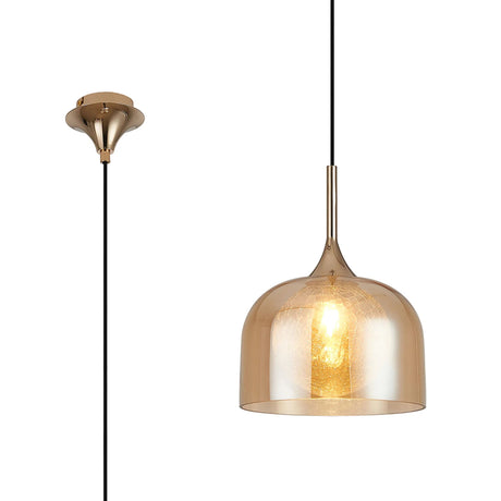 REID Single Pendant, 1 x E27, Double Glass Cloche & Round Crackled, French Gold/Amber Plated/Clear Glass