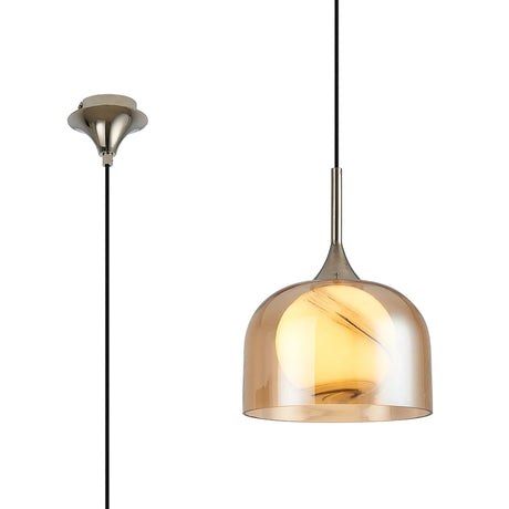 REID Single Pendant, 1 x E27, Double Glass Cloche & Round Ribbed, Polished Nickel/Amber Plated/White Glass