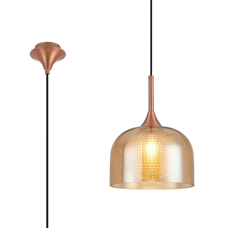 REID Single Pendant, 1 x E27, Double Glass Cloche & Round Textured Diamond Pattern, Satin Copper/Amber Plated/Clear Glass