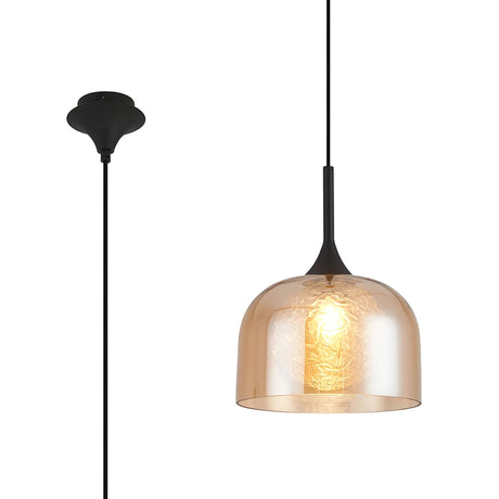 REID Single Pendant, 1 x E27, Double Glass Cloche & Round Textured Crumple, Satin Black/Amber Plated/Clear Glass