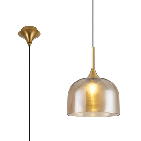 REID Single Pendant, 1 x E27, Double Glass Cloche & Round Segment, Brass/Amber Plated/Clear Glass