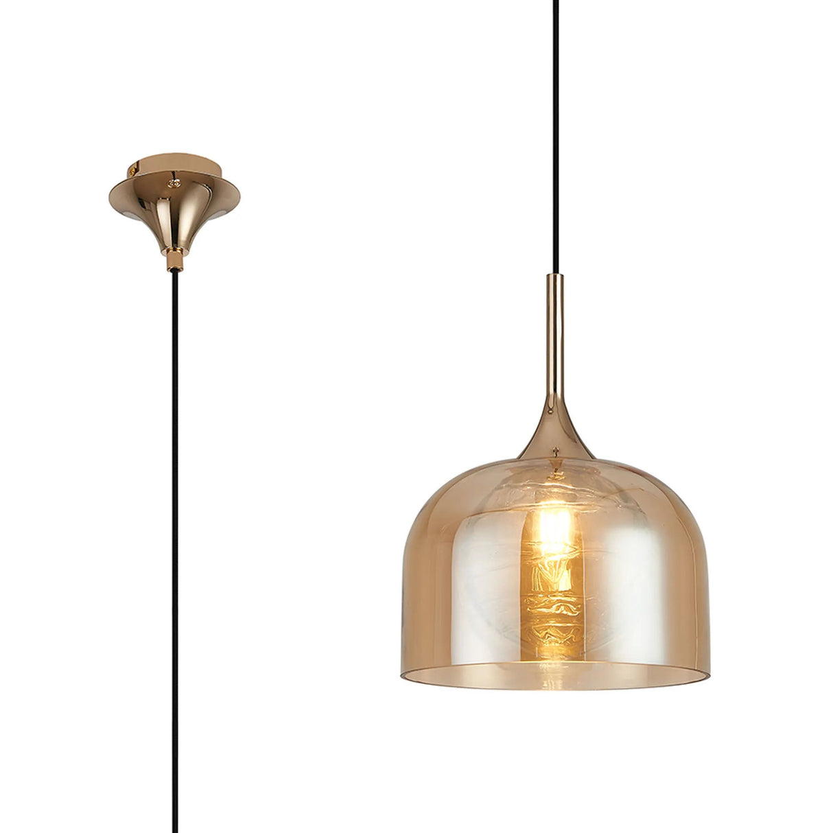 REID Single Pendant, 1 x E27, Double Glass Cloche & Round Textured Melting, French Gold/Amber Plated/Clear Glass