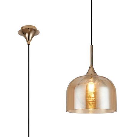 REID Single Pendant, 1 x E27, Double Glass Cloche & Round Textured Melting, French Gold/Amber Plated/Clear Glass