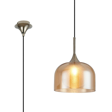 REID Single Pendant, 1 x E27, Double Glass Cloche & Round Dimpled, Polished Nickel/Amber Plated/Clear Glass