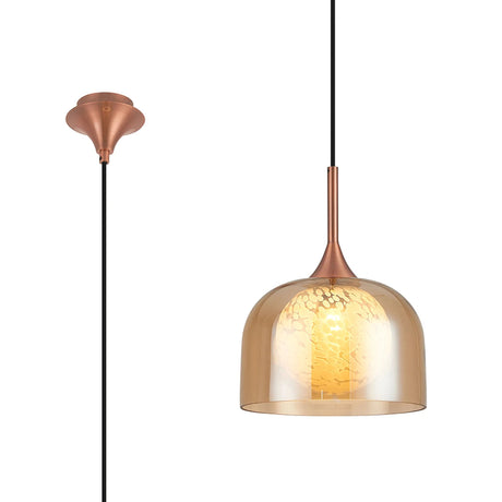 REID Single Pendant, 1 x E27, Double Glass Cloche & Round Speckled, Satin Copper/Amber Plated/White Glass
