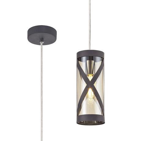 Ritchie 1 Light Pendant E14, Matt Grey/Polished Chrome/Cognac