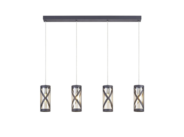 Ritchie 4 Light Bar Linear Pendant E14, Matt Grey/Polished Chrome/Cognac