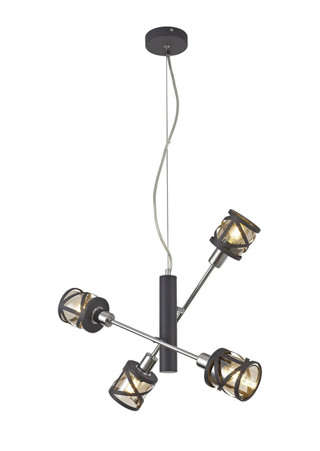 Ritchie 4 Light Adjustable Pendant E14, Matt Grey/Polished Chrome/Cognac